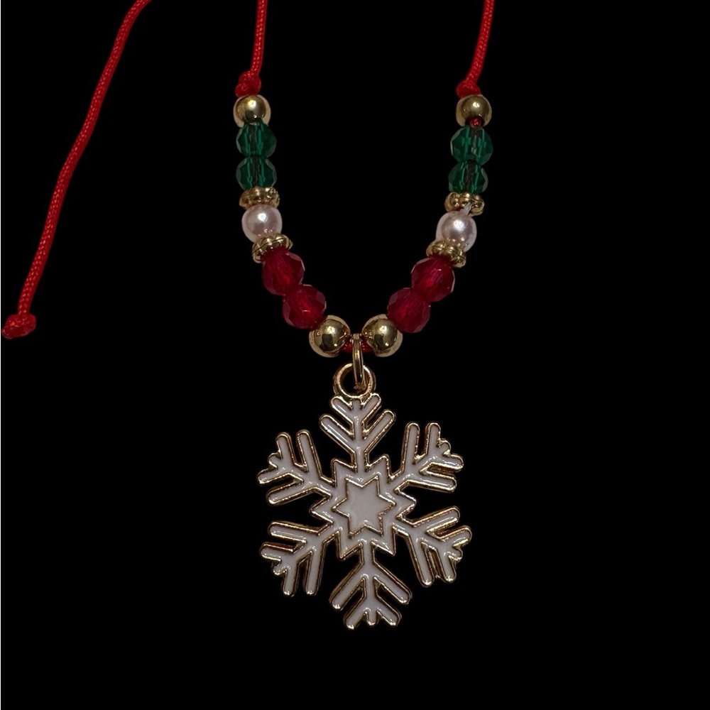Gold and White Snowflake Cord Bracelet with Red and Green‎ Beads